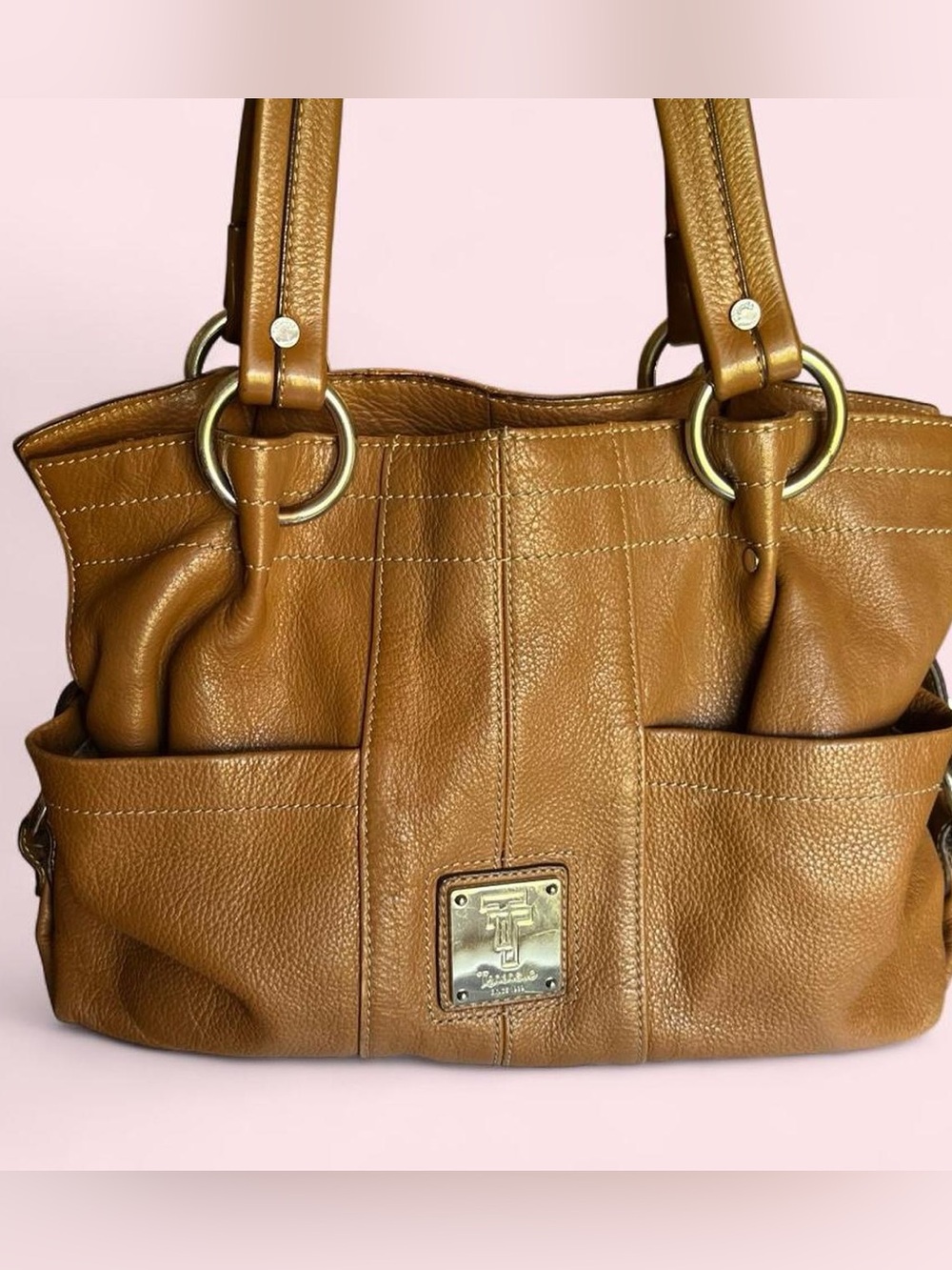 Tignanello Brown Pebbled Leather Shoulder Bag with Brass Rings